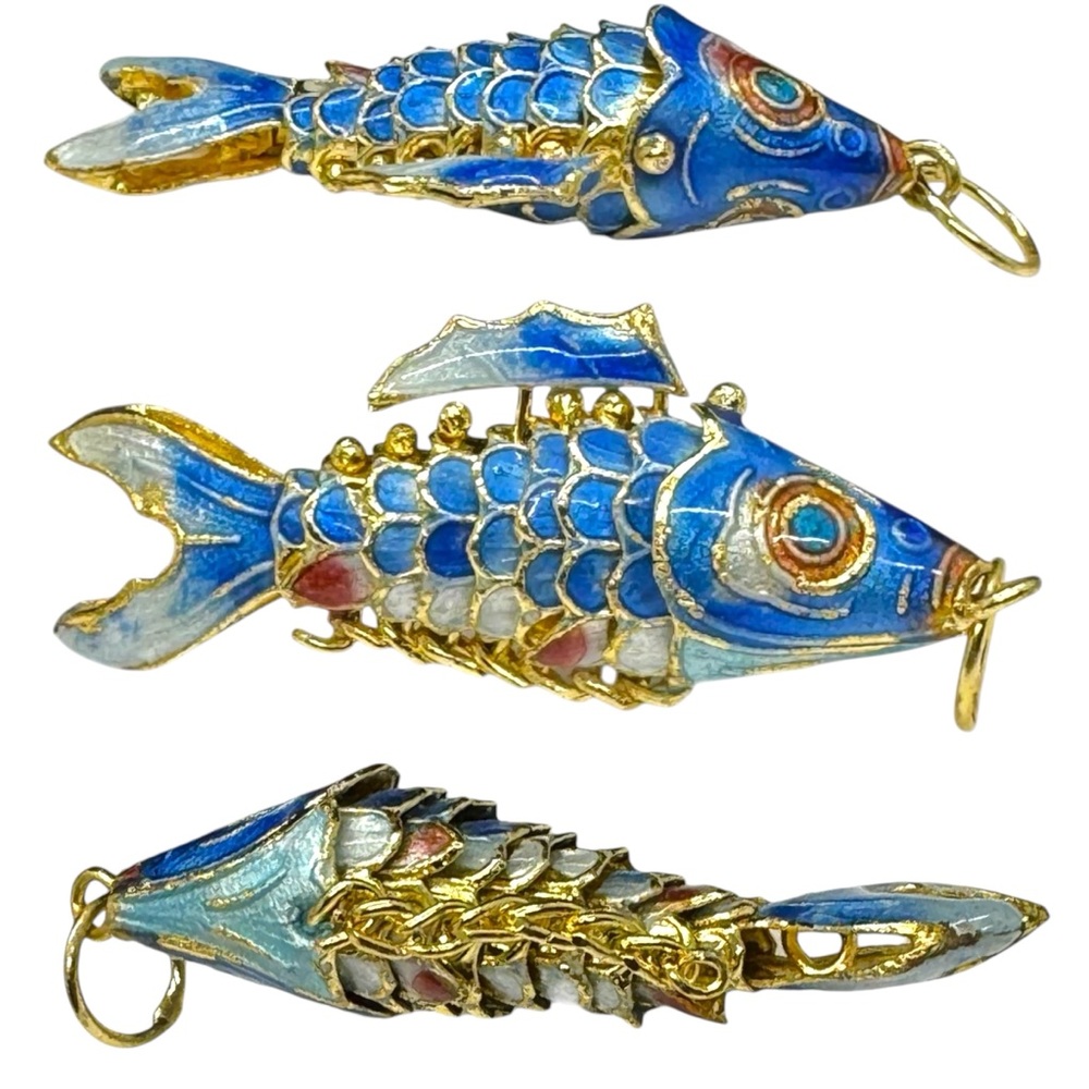 Vintage Chinese Silver Filigree Cloisonné Enamel Articulated Koi Fish Pendants - Picture 6 of 9